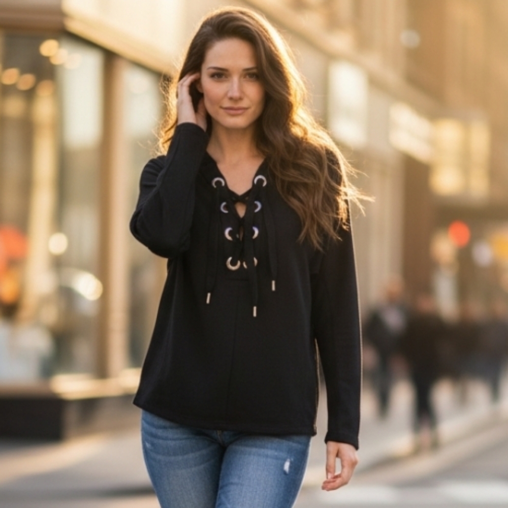 Wila Lace Up Hoodie Jacket Black Size Medium